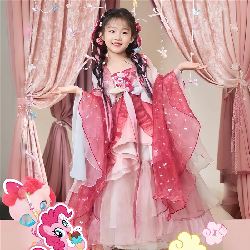 2025新款粉色女童古装中国风唐装超仙连衣裙女孩古风演出服