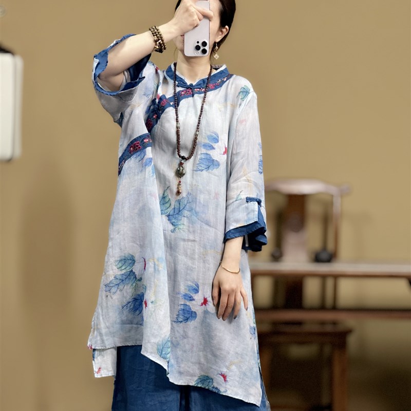 束心夏季新款复古立领盘扣刺绣七分袖衬衫苎麻印花宽松中长款上衣