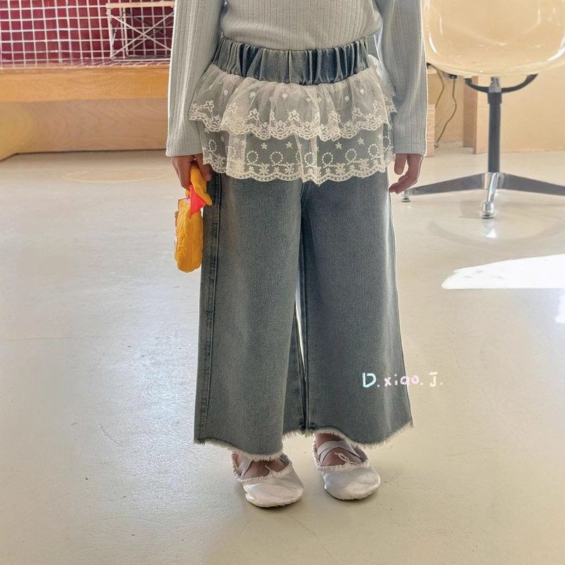 2025春季新款女童牛仔裤蕾丝花边休闲直筒屁帘阔腿牛仔裤女童裤子