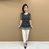 小衫 女上衣夏季 新款 宽松裙摆式 气质别致透气碎花中长款 T恤2024年