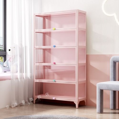 手办展示柜粉色痛柜玻璃门防尘模型摆件柜痛柜铁皮储物柜收纳柜子