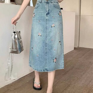 夏季新款2-300斤碎花刺绣牛仔半身裙女胖mm大码高腰开叉a字半裙潮