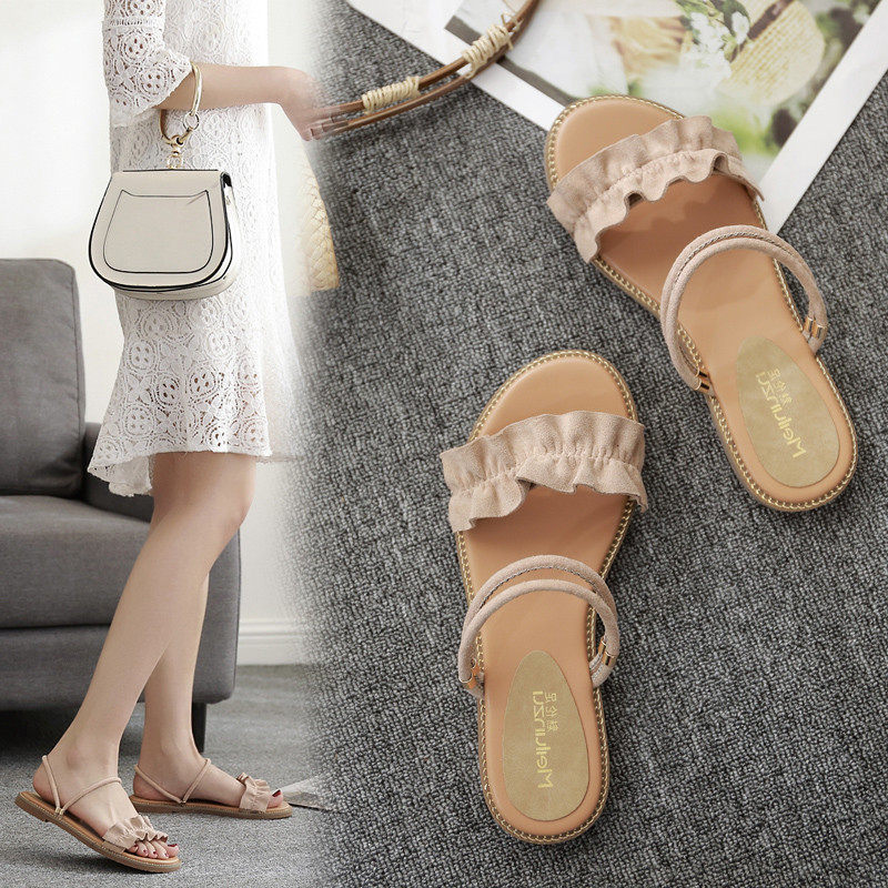 两穿露趾凉鞋女夏季2021新款韩版百搭黑色学生沙滩鞋度假平底凉鞋