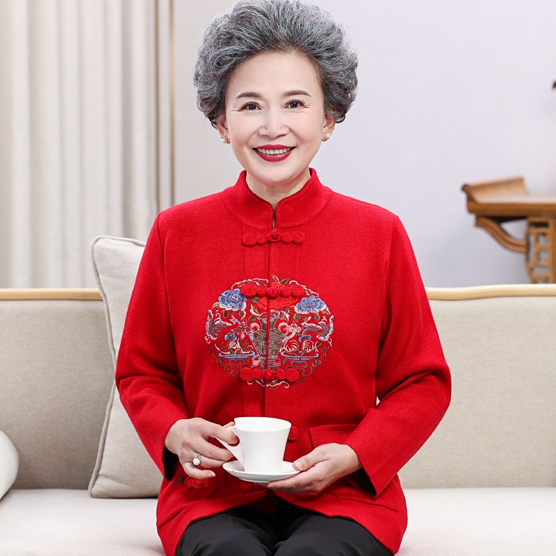 中老年人妈妈秋冬女洋气刺绣毛衣外套老太太奶奶生日过寿婚礼唐装