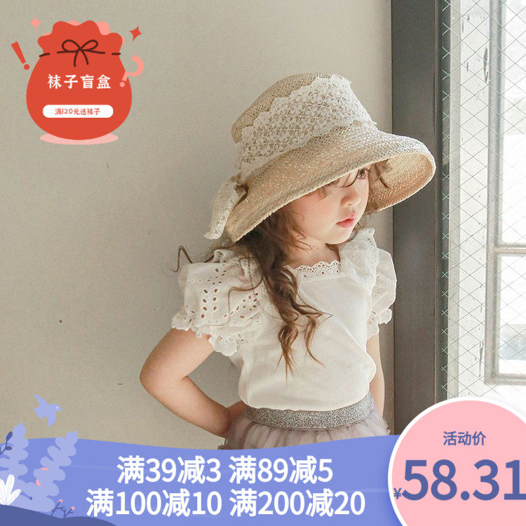 女童泡泡袖t恤夏款2025草莓珊女孩棉柔刺绣蕾丝翻领弹力短袖上衣