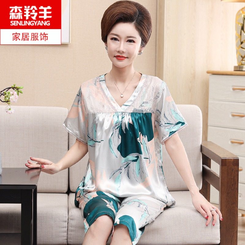 中年妈妈夏季短袖丝绸睡衣两件套装女士少妇女休闲真丝家居服薄款