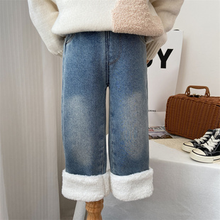 女童牛仔裤加绒加厚2023冬季新款中童宽松直筒裤百搭一体绒裤子潮