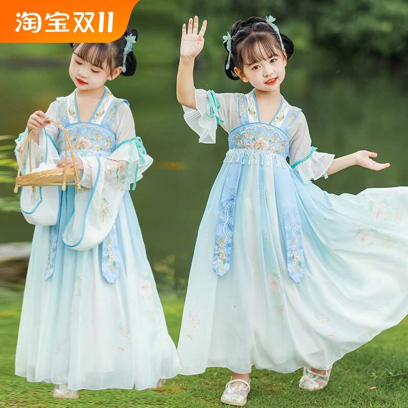 嫦娥仙子汉服女童日常夏季袖可拆古风唐朝超仙广袖天蓝色连衣襦裙