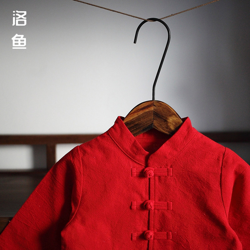 儿童长袖T恤手工大红色周岁生日礼服摄影服装春秋薄款唐装汉服外