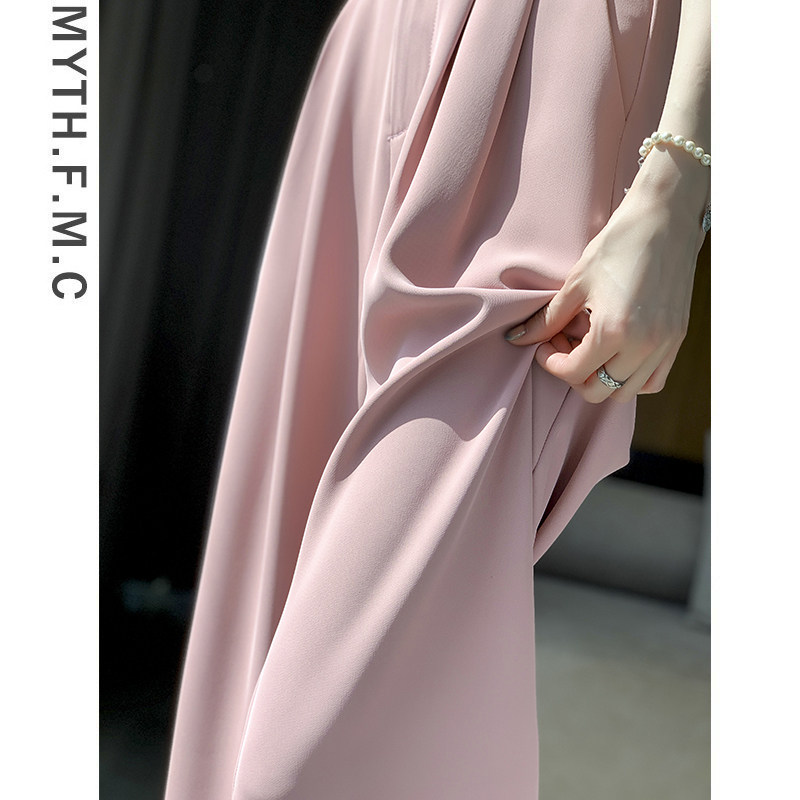 粉色高级感西装裤子女夏季薄款2025新款高腰直筒冰丝阔腿裤垂坠感