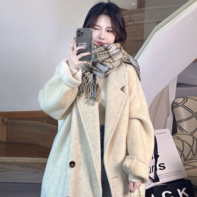 浅杏色韩系毛呢外套女2024秋冬大码胖mm高级感小个子加厚呢子大衣