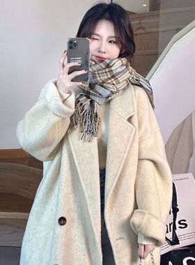 浅杏色韩系毛呢外套女2024秋冬大码胖mm高级感小个子加厚呢子大衣