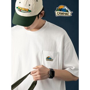 圆领短tee宽松休闲纯棉体恤衫 T恤男夏季 户外风刺绣短袖 250G双纱