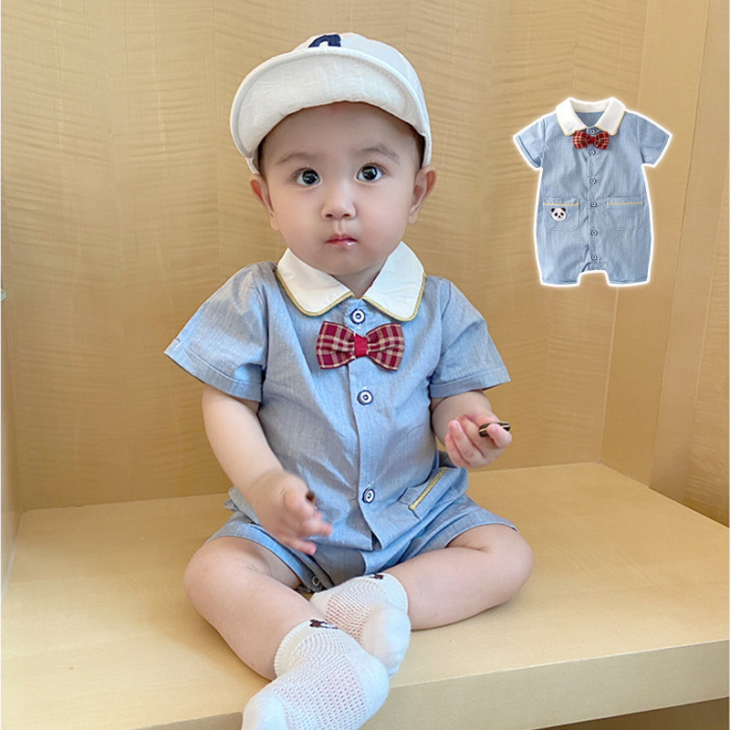 婴儿连体衣夏天新款宝宝软牛仔领结爬服新生儿翻领纯棉哈衣外出服