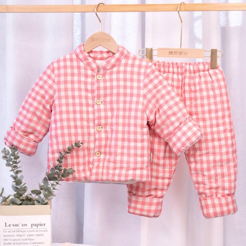 宝宝手工棉衣棉花套装男女童婴儿童棉袄内胆棉裤加厚棉服格子小童