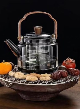 日式四代烟灰色提梁壶一体蒸煮双胆茶壶一壶两用耐高温玻璃煮茶壶