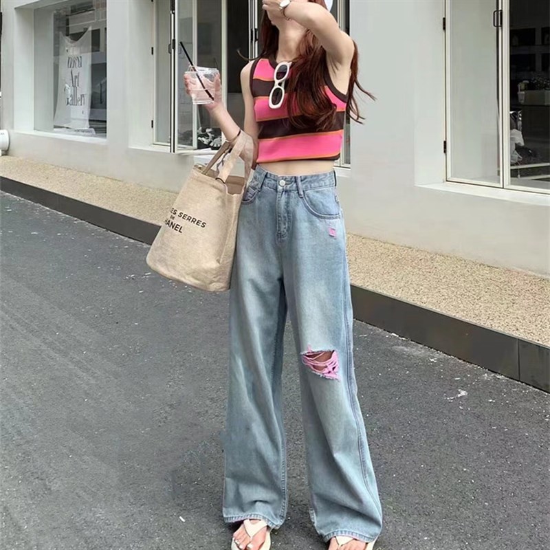 2025夏季撞色破洞牛仔直筒女高腰显瘦阔腿宽松拖地松弛拖地牛仔裤