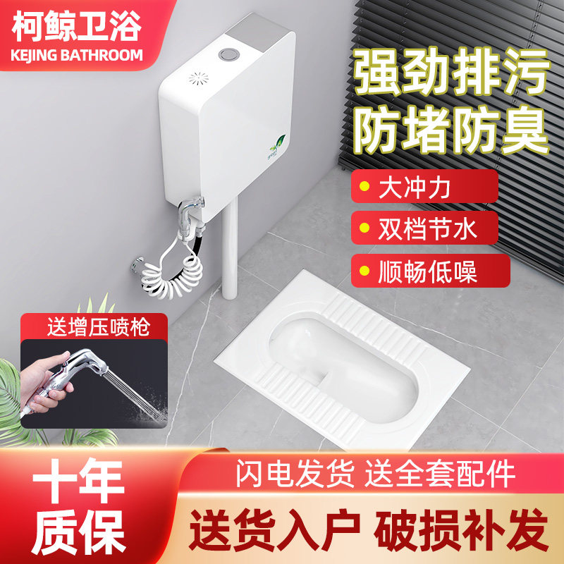 蹲坑蹲便器家用陶瓷冲水箱整套厕所卫生间蹲式大便器池盆卫浴防臭