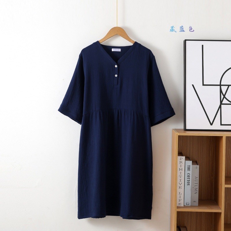 新品 女士绉纹纱布中袖五分袖V领O纽扣长裙 有加大码