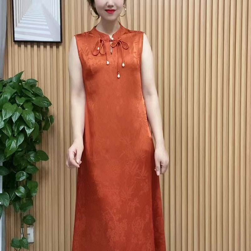 无袖立领气质提花连衣裙春夏百搭中老年复古2023年新款背心裙子女