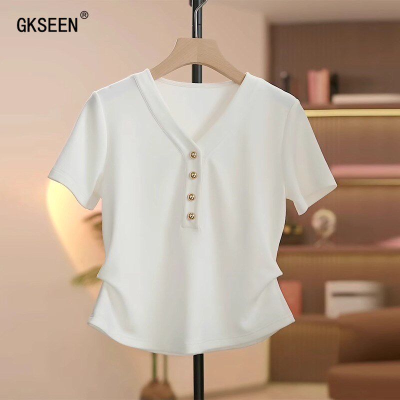白色短袖T恤女2025夏季新款时尚洋气减龄正肩修身显瘦短款V领上衣