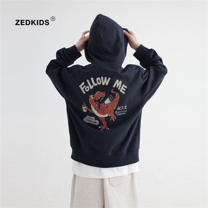 男童卫衣外套春秋季帅气男孩恐龙印花纯棉拉链连帽衫儿童春装上衣
