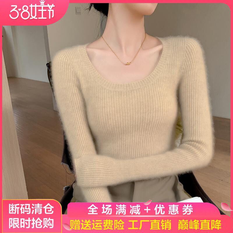 100%纯山羊绒衫女圆领坑条修身纯色针织毛衣气质显瘦羊毛打底上衣