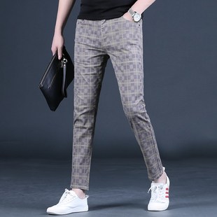 格子休闲裤 潮流修身 直筒9分2022新款 夏季 男裤 男士 夏款 子薄 九分裤