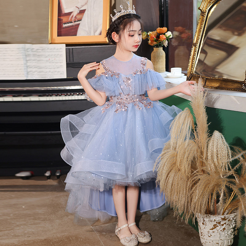 女童礼服前短后长儿童公主裙蓝色高端花童小主持人钢琴表演服夏季