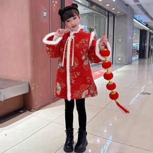 女童中国风旗袍加绒连衣裙冬季新款洋气儿童喜庆红色公主裙拜年服