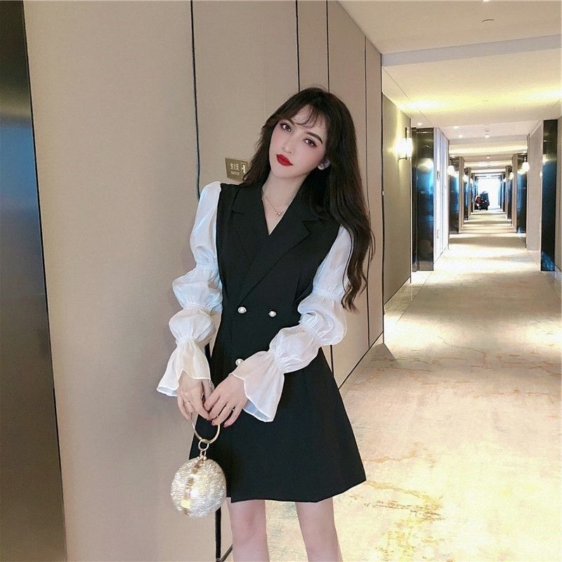 【现货】春秋季新款法式气质西装领连衣裙女气质小个子收腰显瘦裙