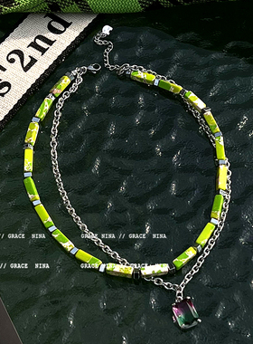 绿色心情~渐变水晶吊坠项链女小众设计感高级毛衣链2023年新款潮