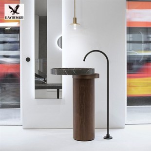 意式 轻奢黑白根大理石洗手洗脸盆浴室别墅民宿酒店胡桃木纹立柱盆