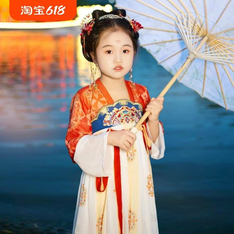 女童汉服2025新款儿童襦裙古风唐代红色舞蹈服半臂假两件刺绣春秋