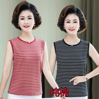 纯棉夏季薄打底T恤衫秋季内搭条纹全棉吊带小背心无袖中年妈妈装