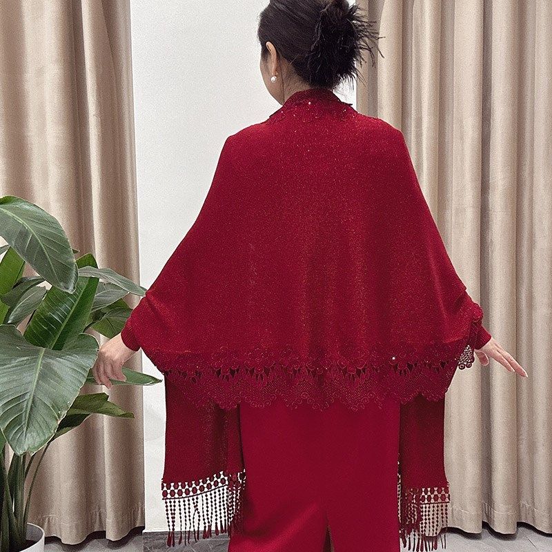 春秋披肩婚礼妈妈配旗袍外搭秋冬喜婆婆羊毛带袖结婚礼服斗篷外套