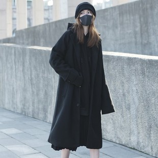 过膝长款宽松毛呢外套秋冬黑色呢子大衣暗黑系山本风女装酷飒炸街