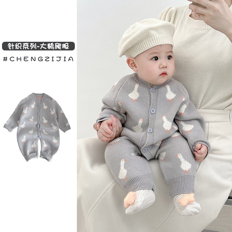 新生儿爬服婴儿衣服春秋装女宝宝毛衣男童卡通针织连体衣洋气哈衣