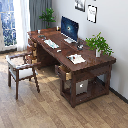 北欧实木抽屉台式电脑桌简约现代大板书桌家用学习办公桌胡桃木色