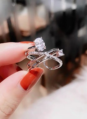 潮人个性多层开口水钻戒指女气质关节指环食指戒学生网红尾戒日韩