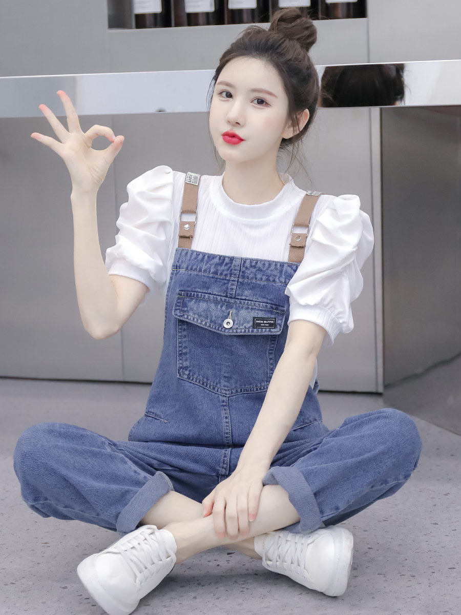 2024夏季薄款牛仔背带裤套装女减龄小个子网红工装设计感连体长裤
