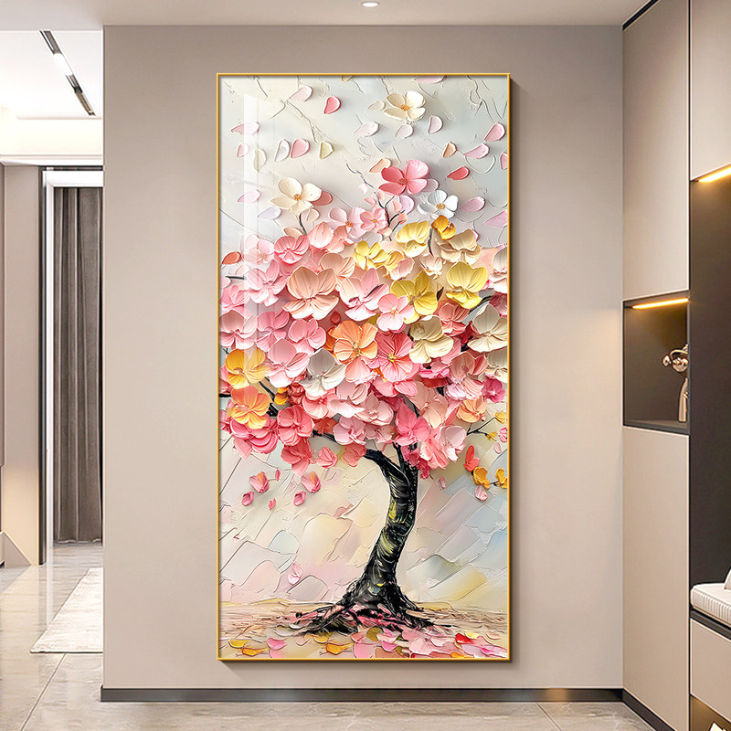 发财树玄关装饰画奶油风大芬村油画走廊过道尽头壁画彩绘花卉挂画