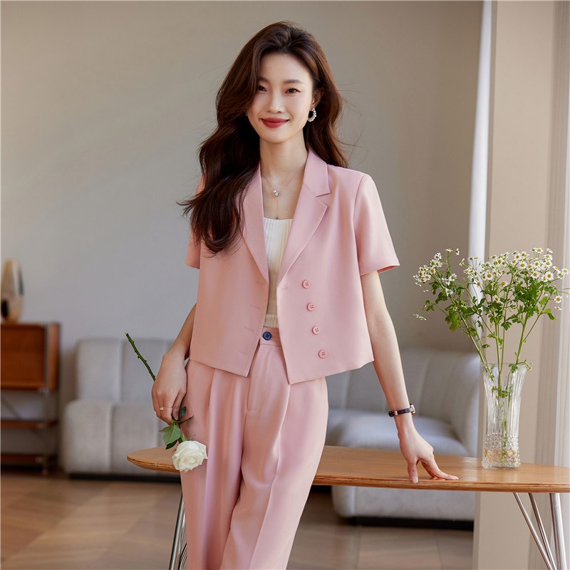 粉色西装套装女夏季职业装时尚气质女神范休闲阔腿裤短袖西服夏天