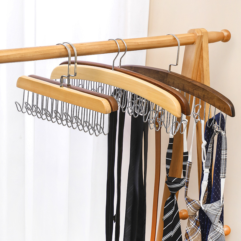 原木收纳衣架8钩多功能收纳内衣背心收纳层架家用免打孔实木晾衣
