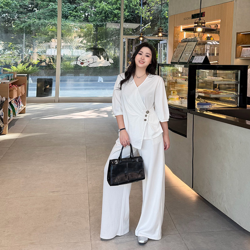 珈柔大码女装夏季微胖妹妹mm韩版白色T恤上衣+直筒长裤时尚套装