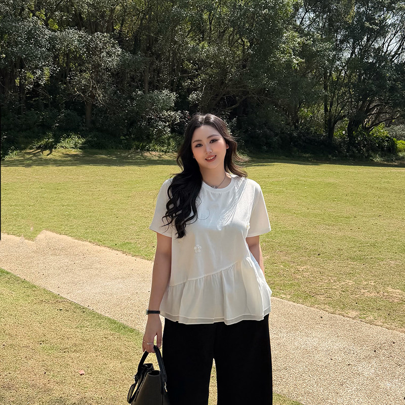 珈柔大码女装初夏新款韩系圆领显白短袖女微胖MM不规则设计感上衣