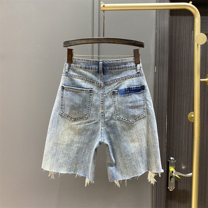 浅蓝色破洞毛边牛仔m五分裤女欧货2024夏季薄款宽松直筒阔腿裤中