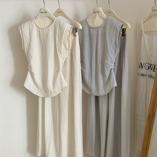 收腰双层宽肩小衫褶皱阔腿裤亚麻套装女J2025夏季新款两件套