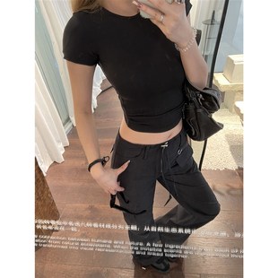 Xinlei Lin “美式辣工装”灰色微喇低腰休闲工装裤.女春夏长裤