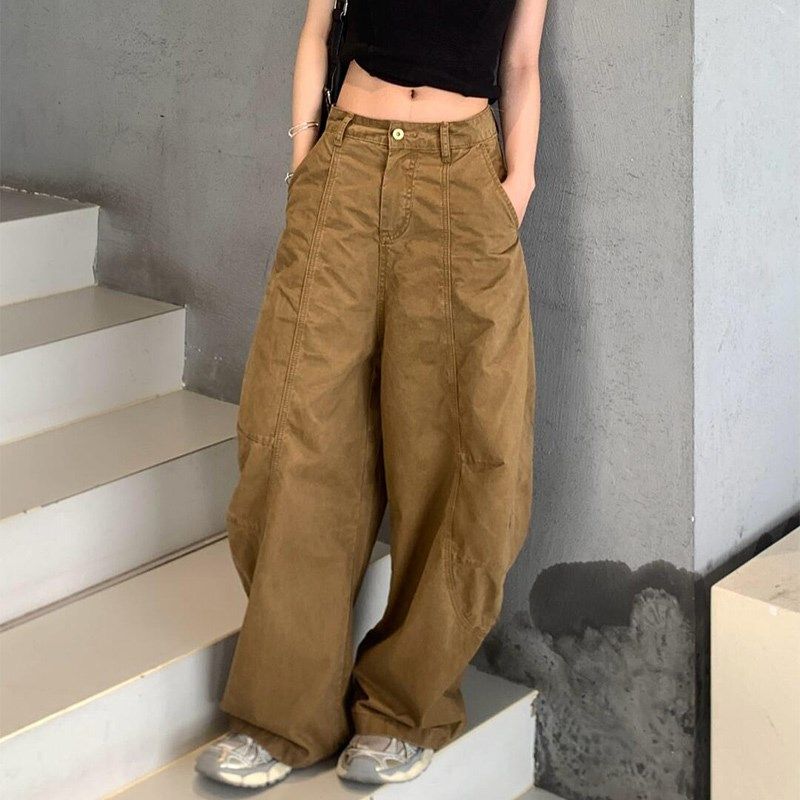 高级感深卡其色慵懒风大码阔腿裤女2025夏季新款百U搭显瘦宽松长